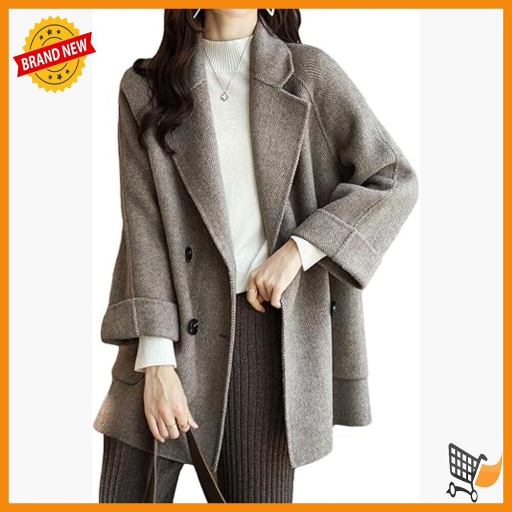 Wool Blend Pea Coat Double Breasted Loose Fit Winter Overcoat Women's